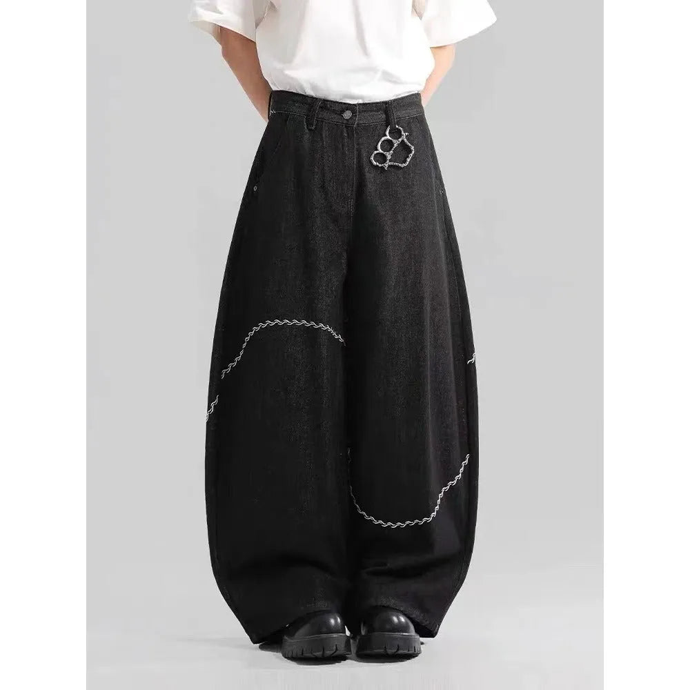 Black straight-leg denim trousers with mid-waist zip placket for autumn winter streetwear