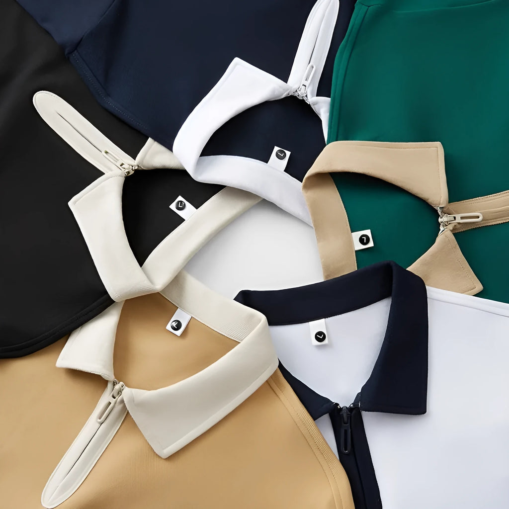 Men's navy blue zipper polo shirt with a lapel collar, shown in a loose fit with short sleeves.