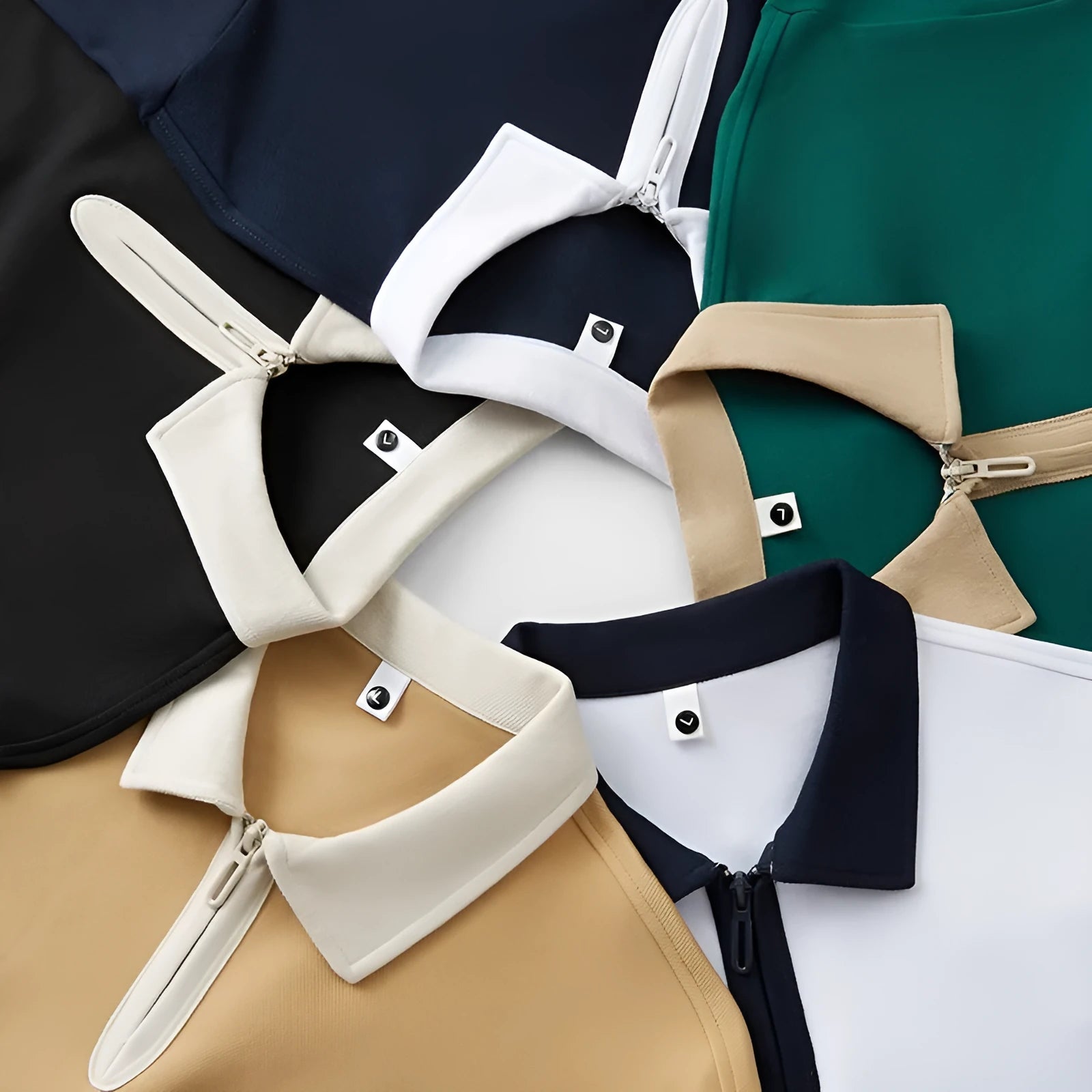 Men's navy blue zipper polo shirt with a lapel collar, shown in a loose fit with short sleeves.