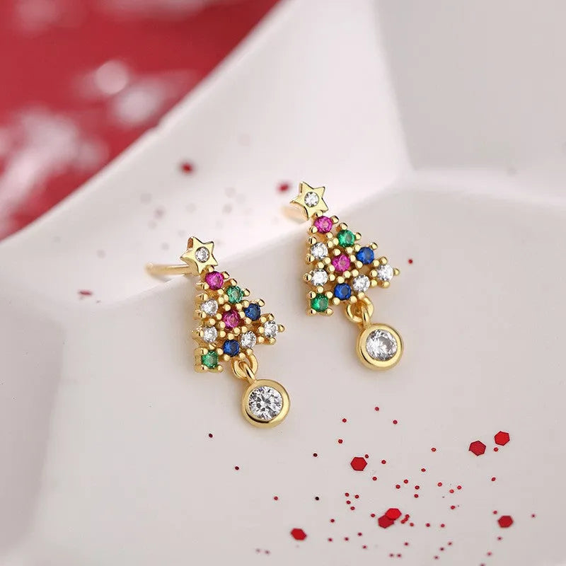 Gold electroplated Christmas tree water drop stud earrings with diamond accent Ruyi design for women