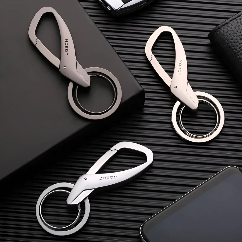 Zinc alloy car key waist hanging double ring holder in black on a belt loop