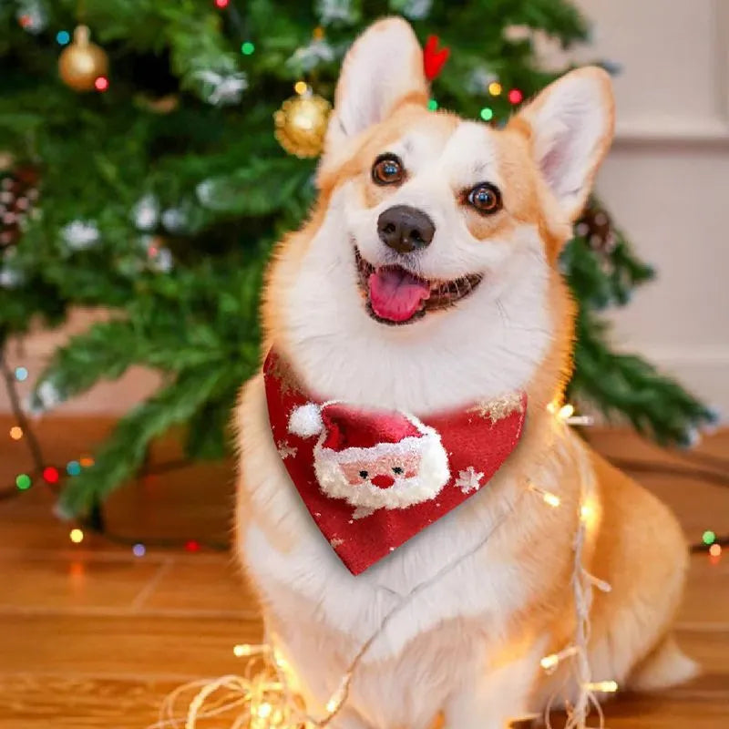 Red Christmas pet handkerchief scarf with Santa Claus and Christmas tree appliques, adjustable collar fit 9.06-15.75 inches.
