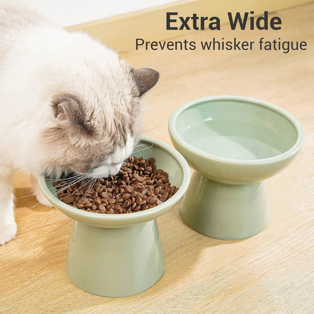 Ceramic elevated cat bowl with 16cm wide shallow design for whisker fatigue prevention