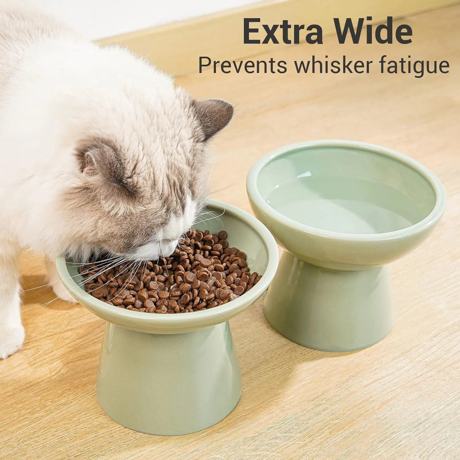 Ceramic elevated cat bowl with 16cm wide shallow design for whisker fatigue prevention