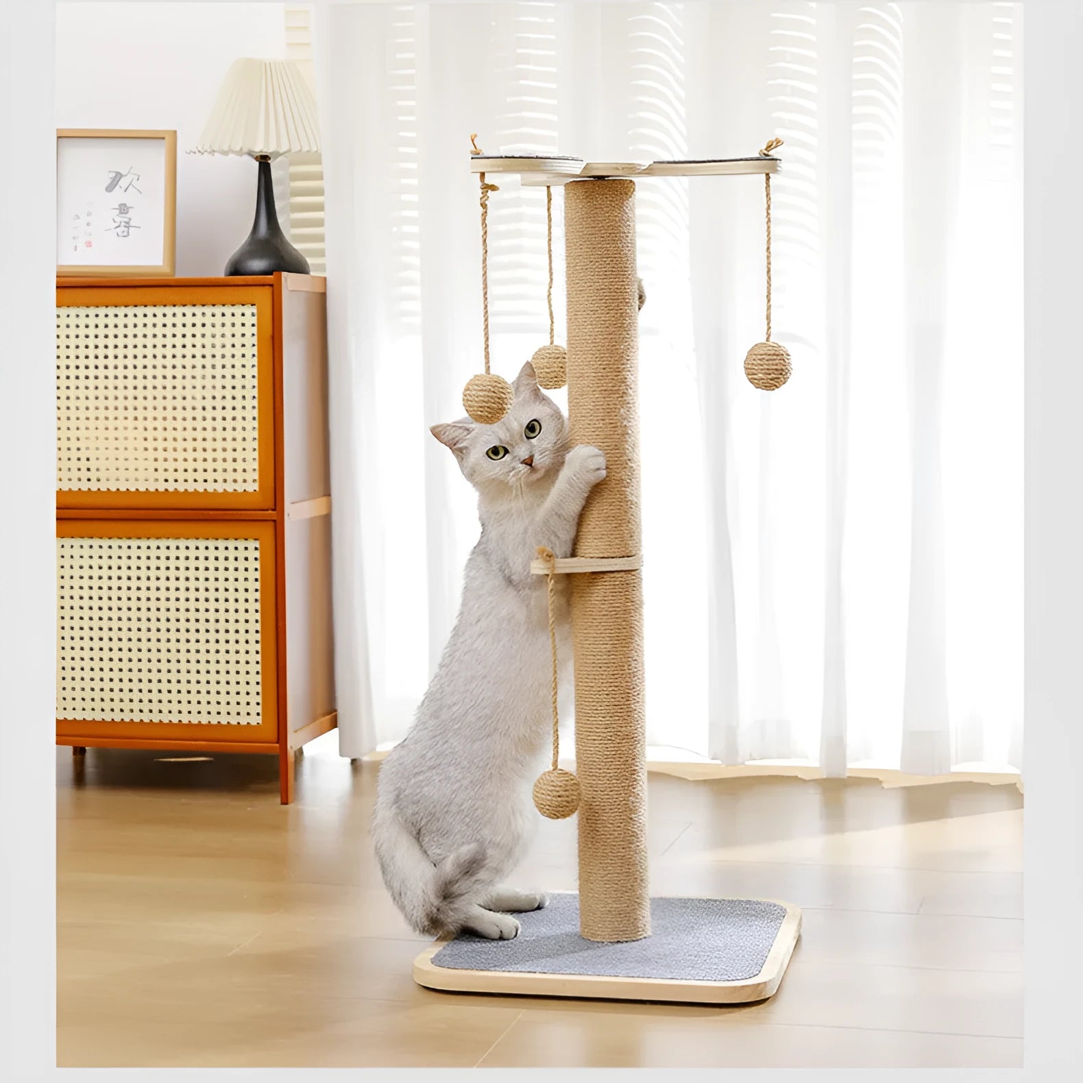 Windmill-shaped cat climbing frame with a hanging ball, made from pine wood and covered in carpet leather.