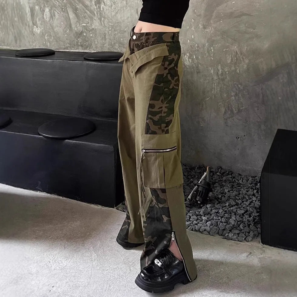 Women's dark khaki high waist jeans with a leopard print pattern and fake two-stitching tooling detail.