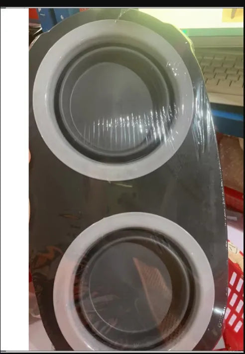 Grey folding pet double bowl made from PP and TPR with non-slip base, packed flat at 38.5 x 21.5 x 12.5 cm