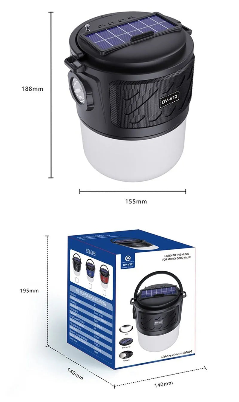 Portable solar camping lantern speaker with Bluetooth, LED light, USB rechargeable, black colour, on outdoor lawn