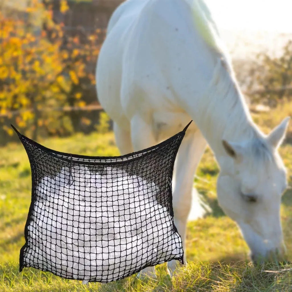 Woven grid horse hanging feeding bag in black or white with PE rope construction for cattle and sheep