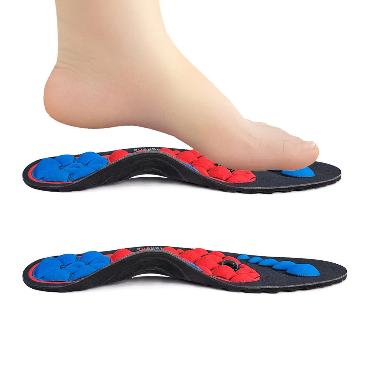 Black magnetic EVA insoles with gel massage nodes on a neutral background