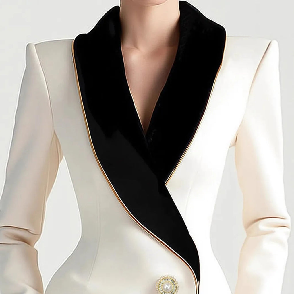 Women's milky white irregular cut long sleeve coat with golden pearl buttons on a hanger.