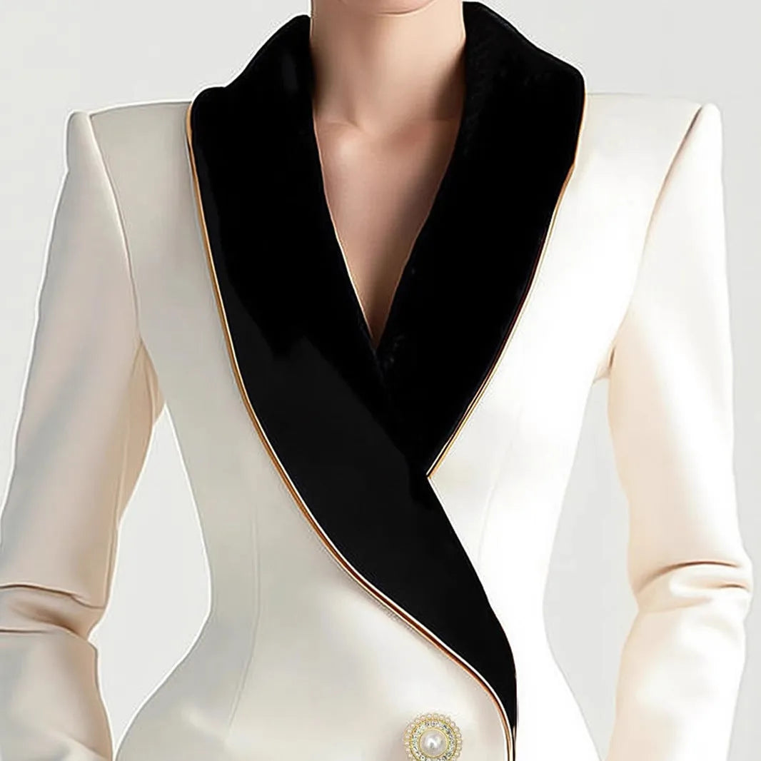 Women's milky white irregular cut long sleeve coat with golden pearl buttons on a hanger.