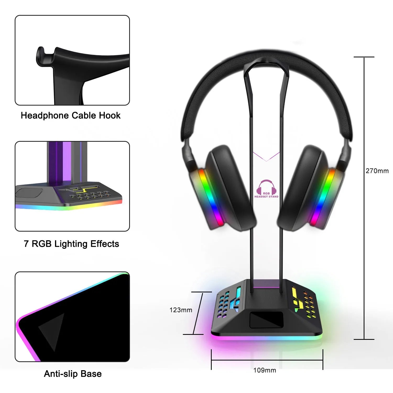 RGB LED headphone display stand with dual USB ports in front, shown in acrylic black finish.