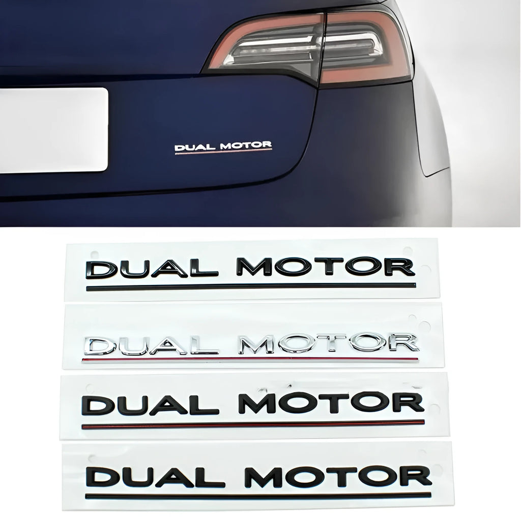 Black and red ABS plastic Double Motor performance badge sticker for Tesla Model 3 bumper.