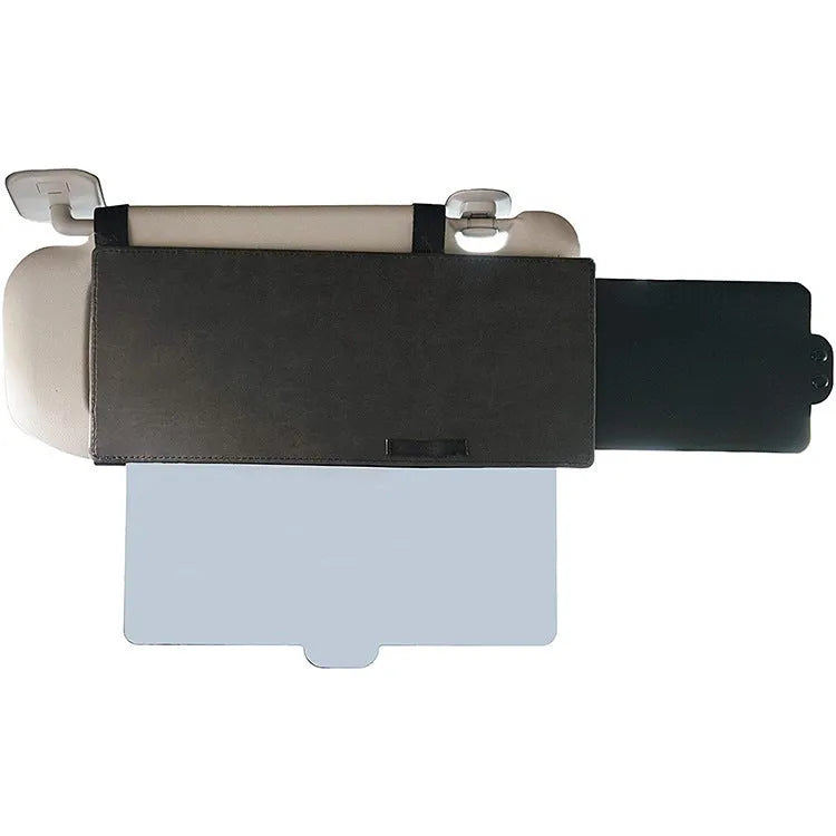Portable retractable car sun visor in black PU leather PC board, 31x15cm, universal fit