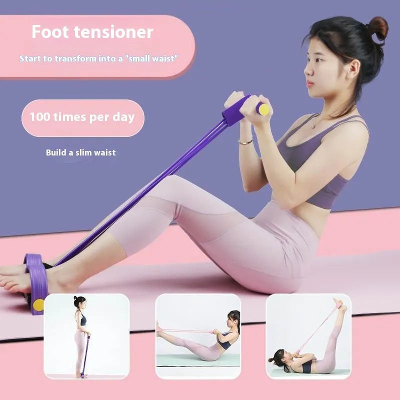 Yoga four piece set showing leg stretcher, yoga ring, pedal tension device and figure eight rope