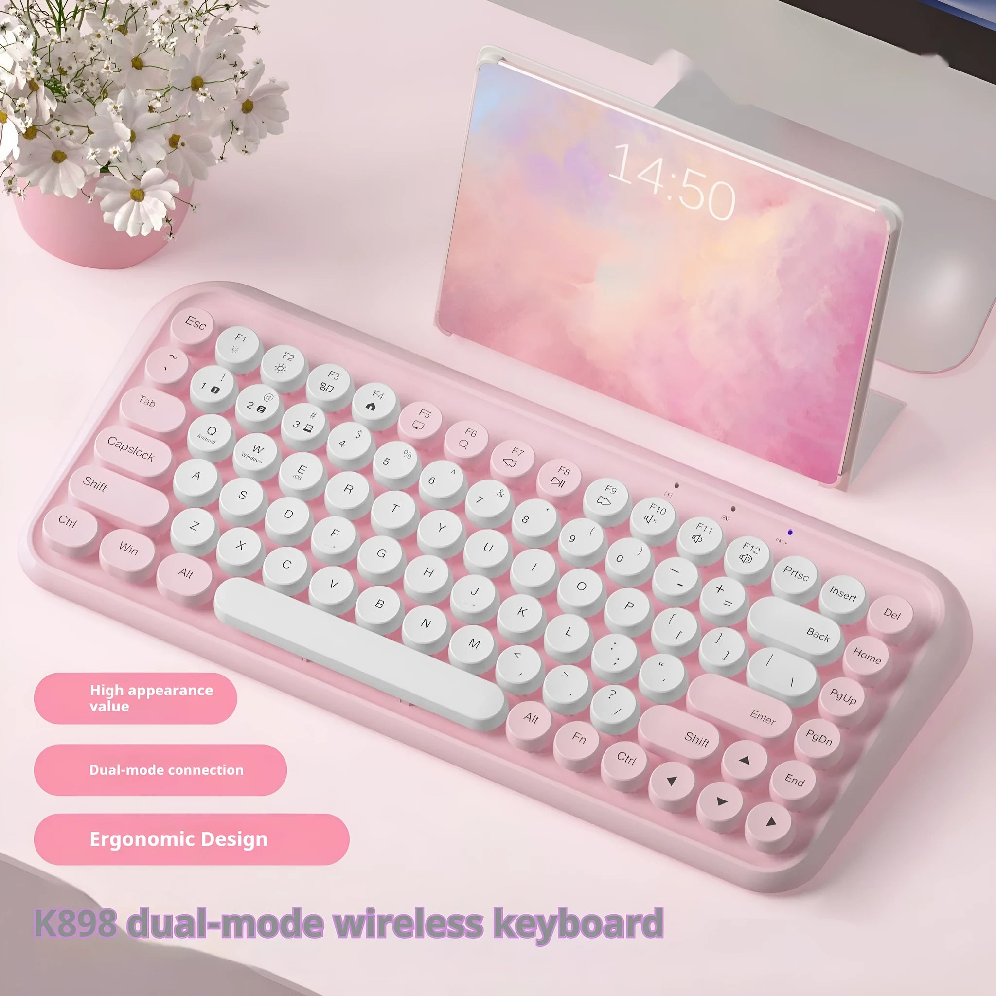 Pink dual-mode Bluetooth keyboard with 84 keys and quiet mechanical switches