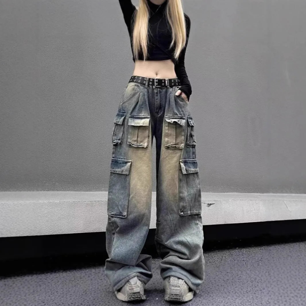 Loose straight-leg distressed jeans with multiple pockets in light blue denim fabric