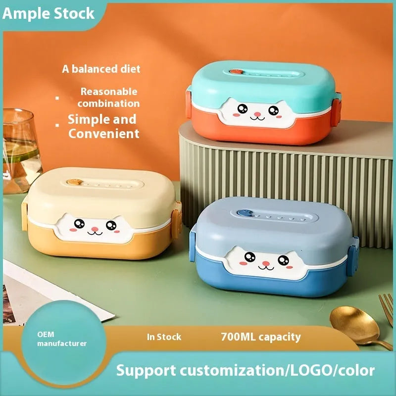 Square divided plastic lunch box with cartoon design elements in multiple colour options