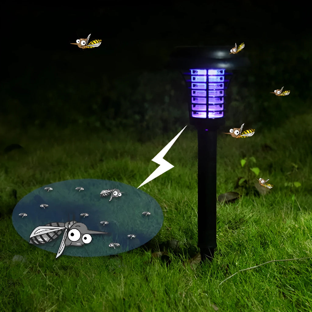 Solar powered rechargeable anti-mosquito lamp with UV bug zapper in black plastic for outdoor garden use