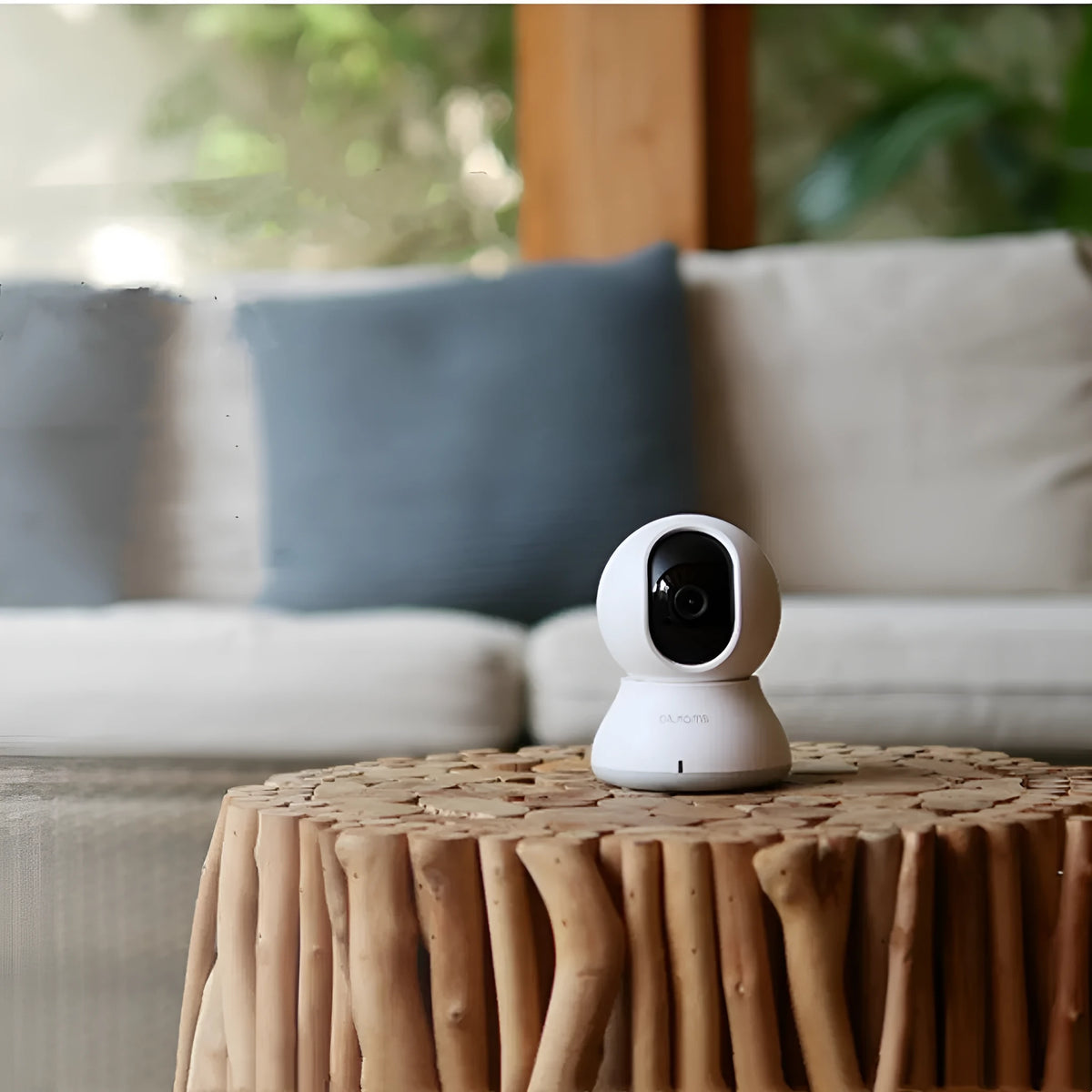 White HD smart camera for indoor use with mobile app remote conversation and panoramic monitoring.