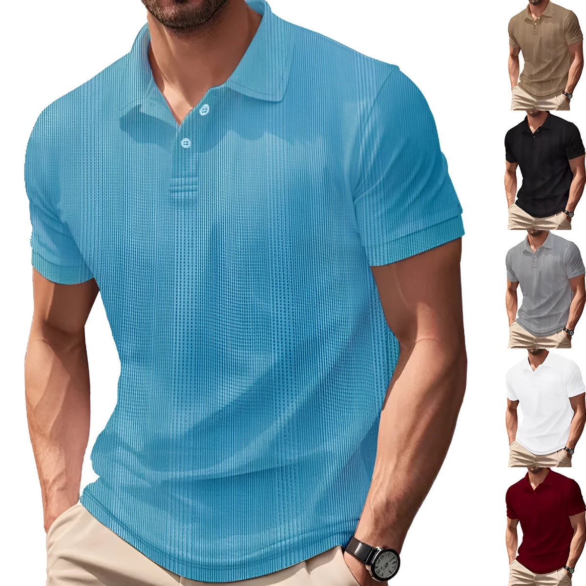 Men's polo shirt short sleeve simple British style collar t-shirt in light gray loose fit