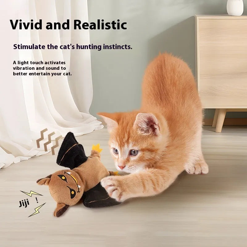 Rechargeable electric sound cat plush toy with swing wings in Halloween Bat style with catnip elastic string