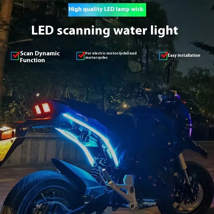 Motorcycle running water ambience light strip showing colour transition effects in PVC housing with length options