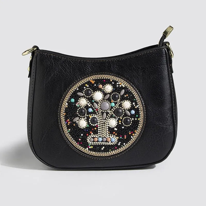 Straw bead turquoise ethnic style bucket shoulder crossbody bag with PU lining and mobile phone pocket