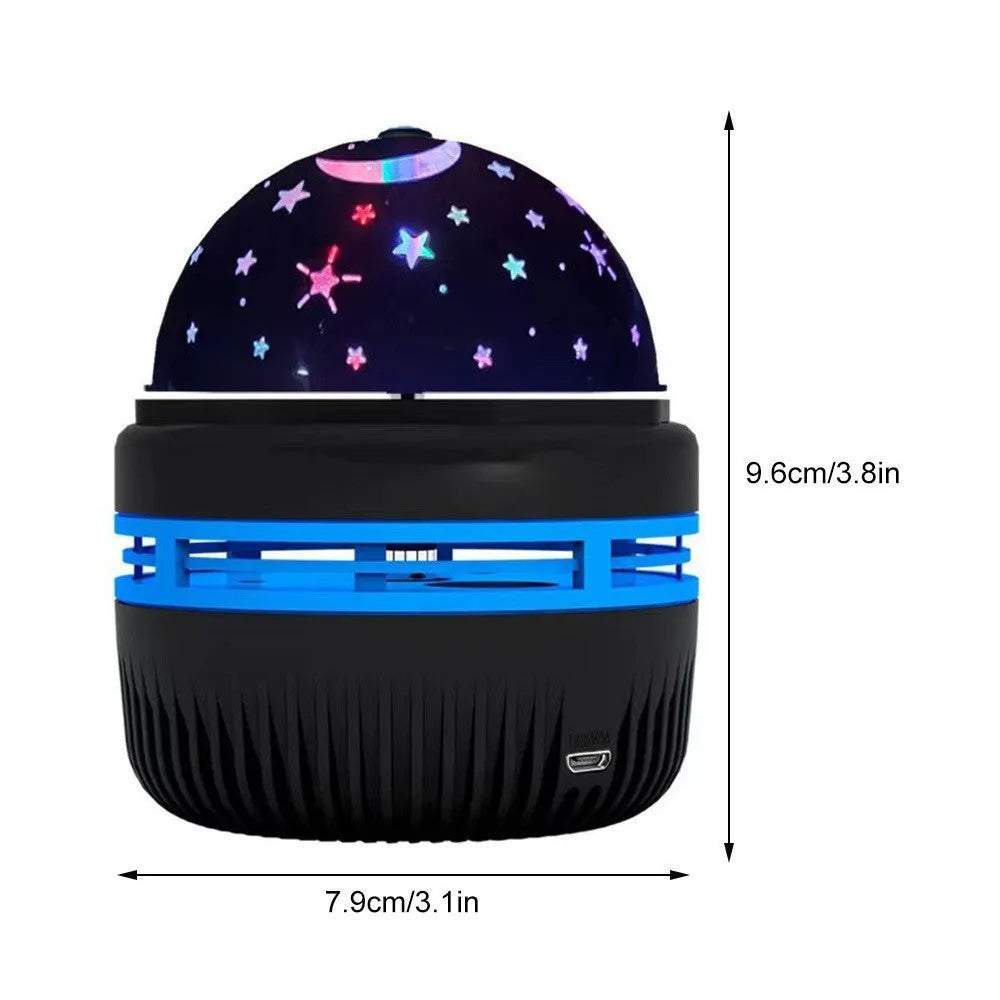 LED star galaxy projector lamp with removable acrylic shade on a table, showing USB cable.