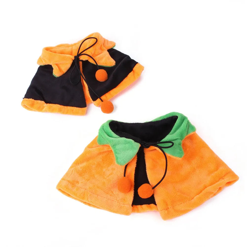 Orange plush pumpkin costume cloak for a dog or cat on a mannequin, showing double-sided design.