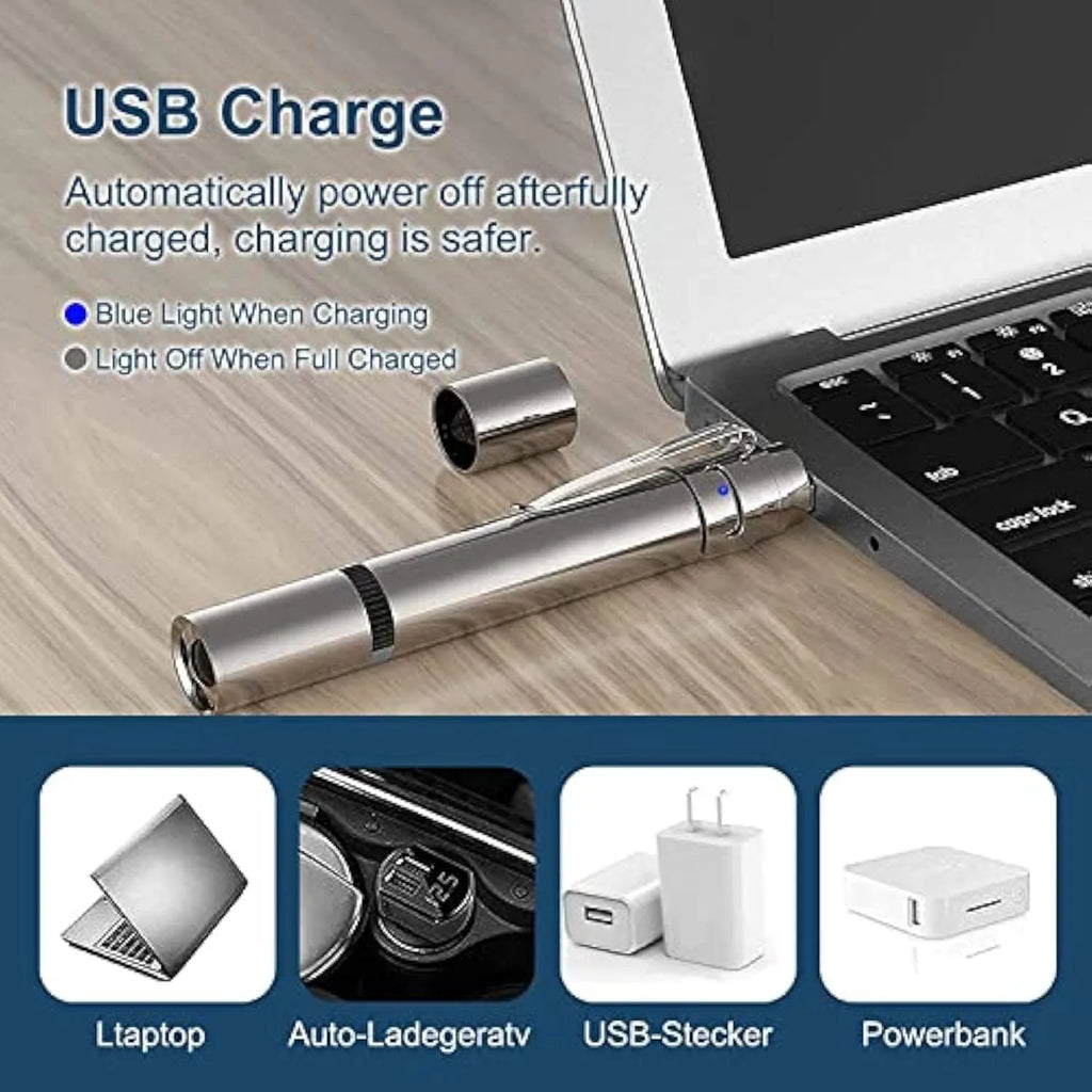 Silver aluminium cat laser pointer toy with metal clip showing multiple light pattern options