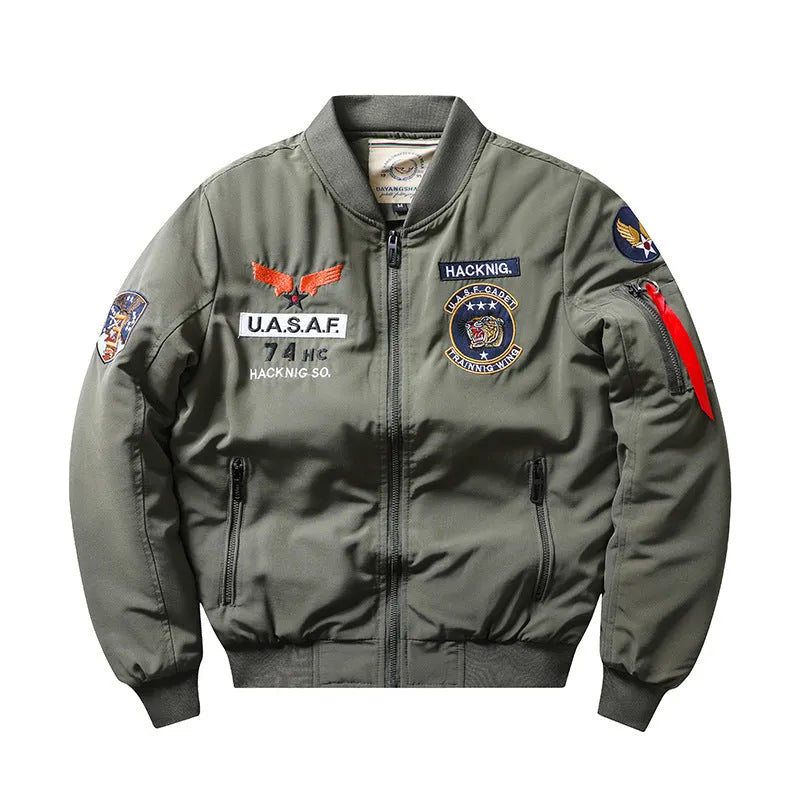 Men's slim-fit retro motorcycle coat in blue with stand collar, embroidery, and chest patch pockets.