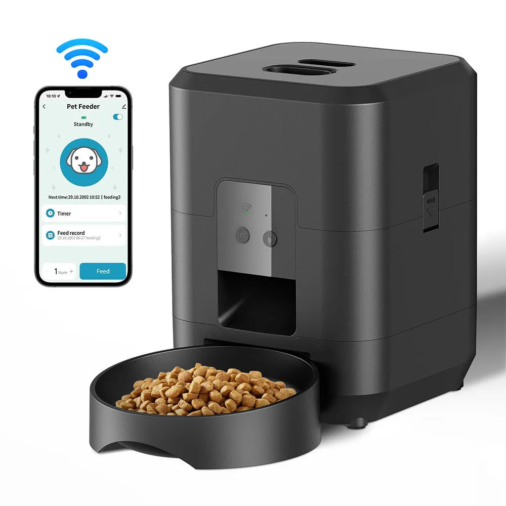 Pet Smart Feeder 2L automatic dog feeding machine with WIFI timing, round black finish, on a countertop