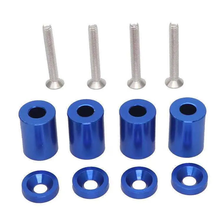 Aluminium machine cover pad height sheet with screws, nuts, washers in black, blue, and red colours.
