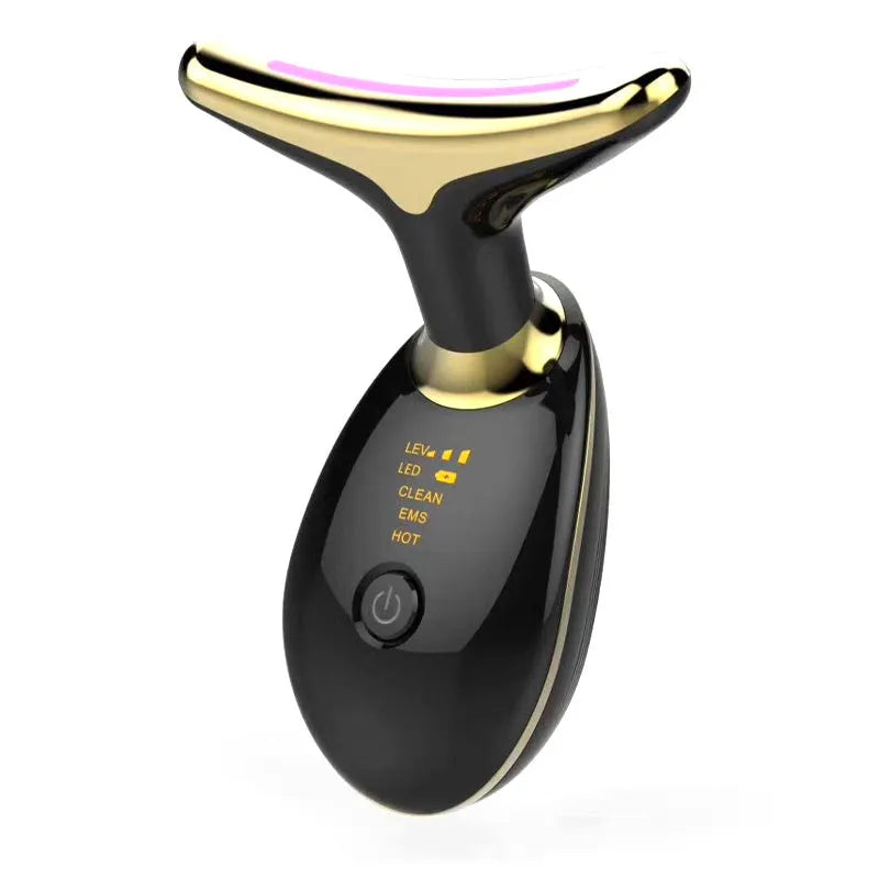 Compact white EMS thermal neck lifting massager device with LED lights for home skin care and wrinkle reduction.