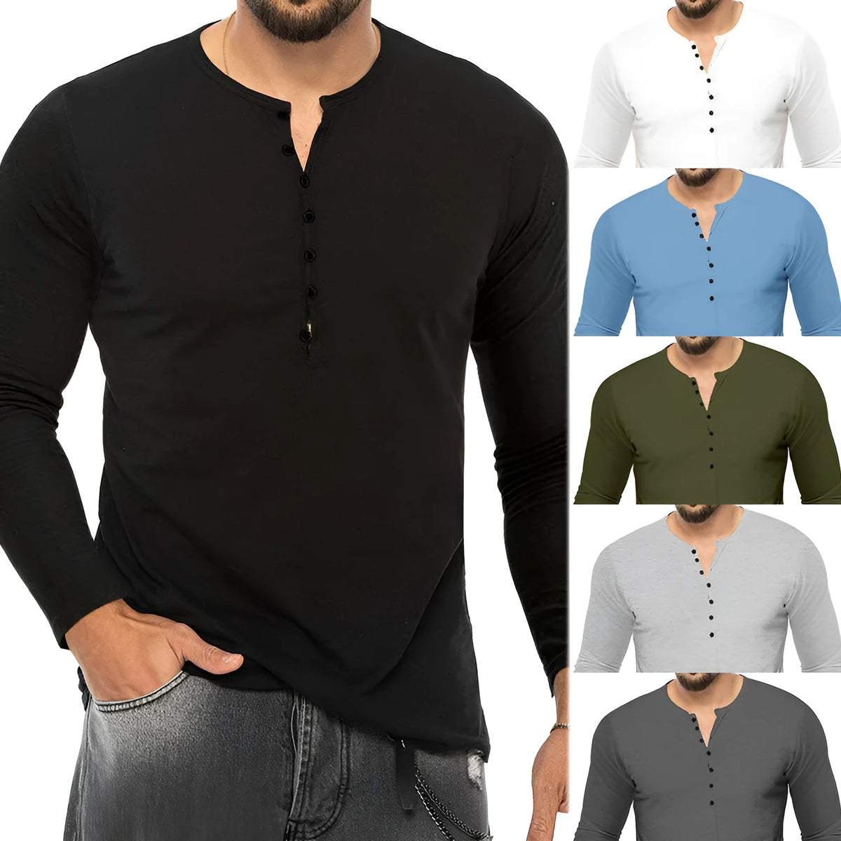 Men's long sleeve Henry shirt in breathable polyester, shown in multiple colours and sizes S to 3XL.