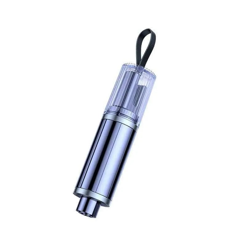 Black and red car safety life hammer with spring-loaded window breaker and seatbelt cutter.
