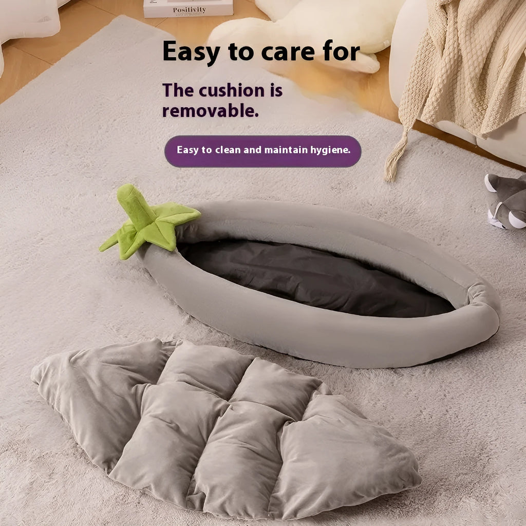 Removable washable dog mat in purple, brown, orange, and grey colours, shown in various sizes.