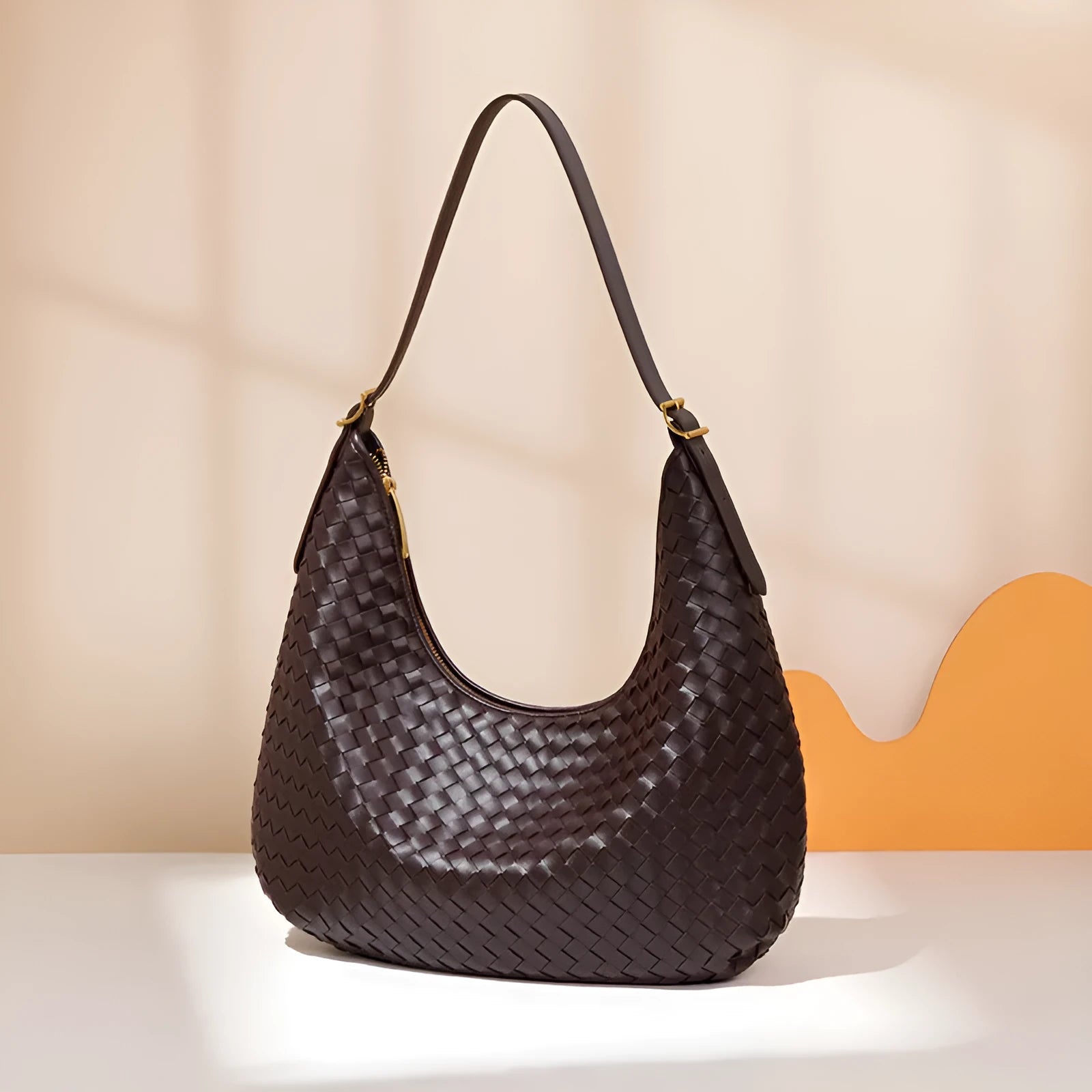 Fashionable large capacity French tote bag in black PU with weave design and horizontal square shape