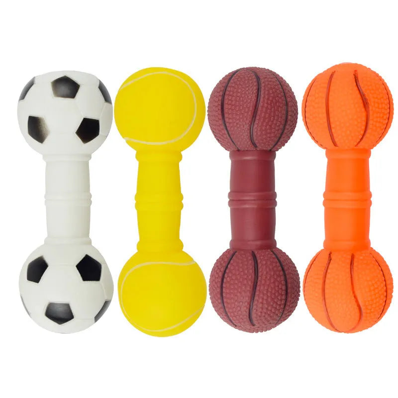 Non-toxic PVC squeaky dog chew toy shaped like a football and dumbbell in assorted colours.