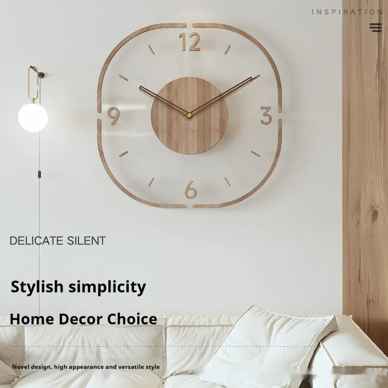Transparent wooden wall clock with modern silhouette design on wall