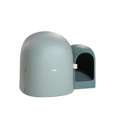 Fully enclosed cat litter box in ABS plastic with dimensions 67.7cm x 49cm x 50cm shown in moss green colour