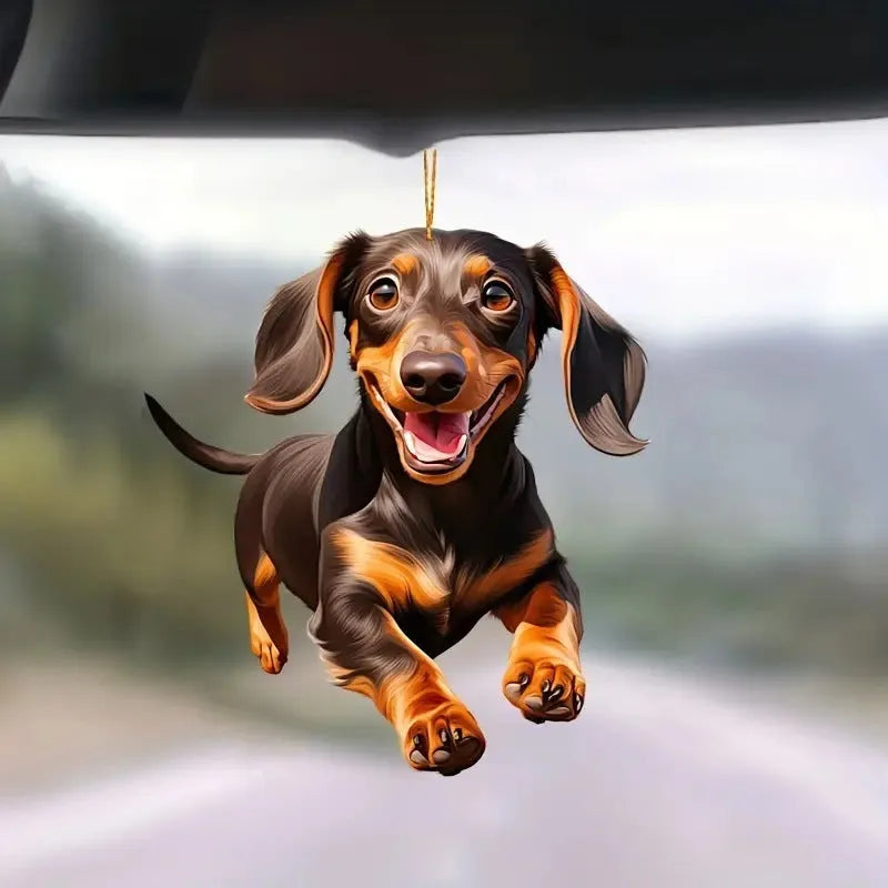 Flat acrylic car hanging ornament with cartoon dog design on white background
