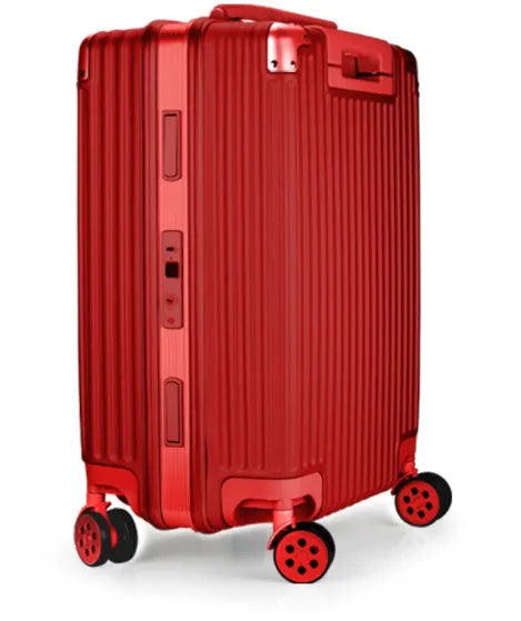 Aluminium magnesium alloy hard-shell travel luggage in a striped design, shown in silver finish.