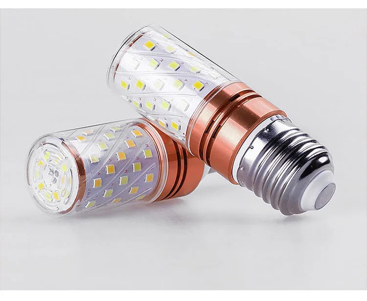 E14 screw base corn LED light bulb with visible LED beads and copper bracket inside.
