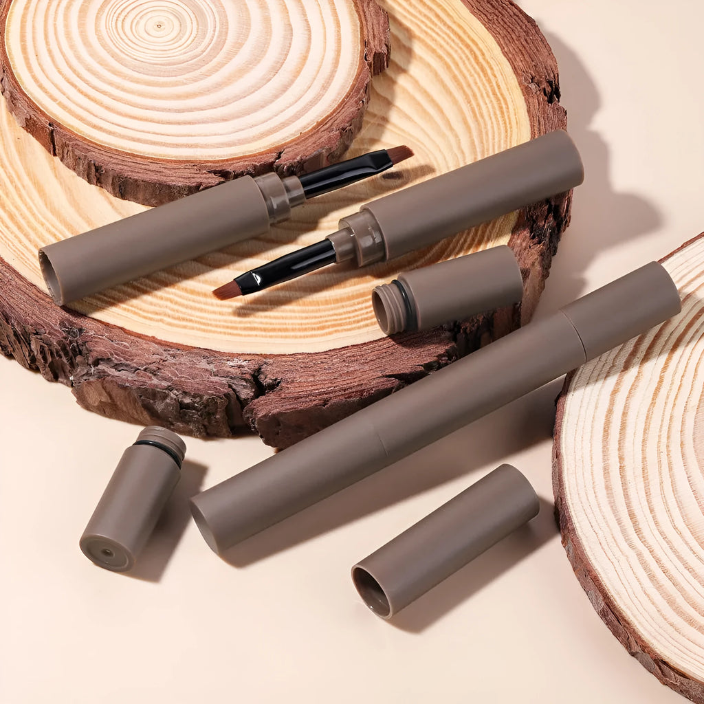 Double-headed eyebrow cream cosmetic product showing pencil and powder ends with five brown shade options