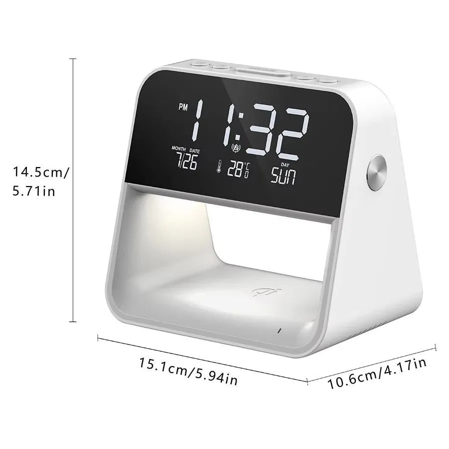 White multifunctional bedside lamp with wireless charger and alarm clock on a nightstand, 15.1x10.6x14.5cm