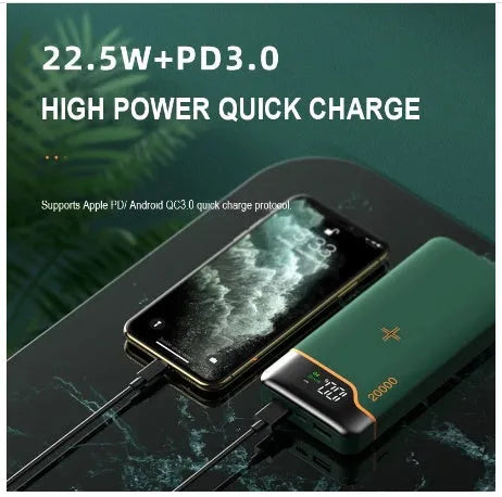 20000mAh power bank with 22.5W fast charging and 15W wireless recharge in retro green, business black, or white