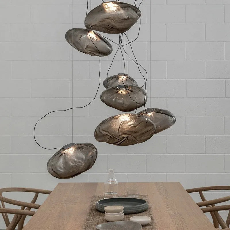 Modern fabric chandelier with glass shade in clear, amber or smoke grey colour options